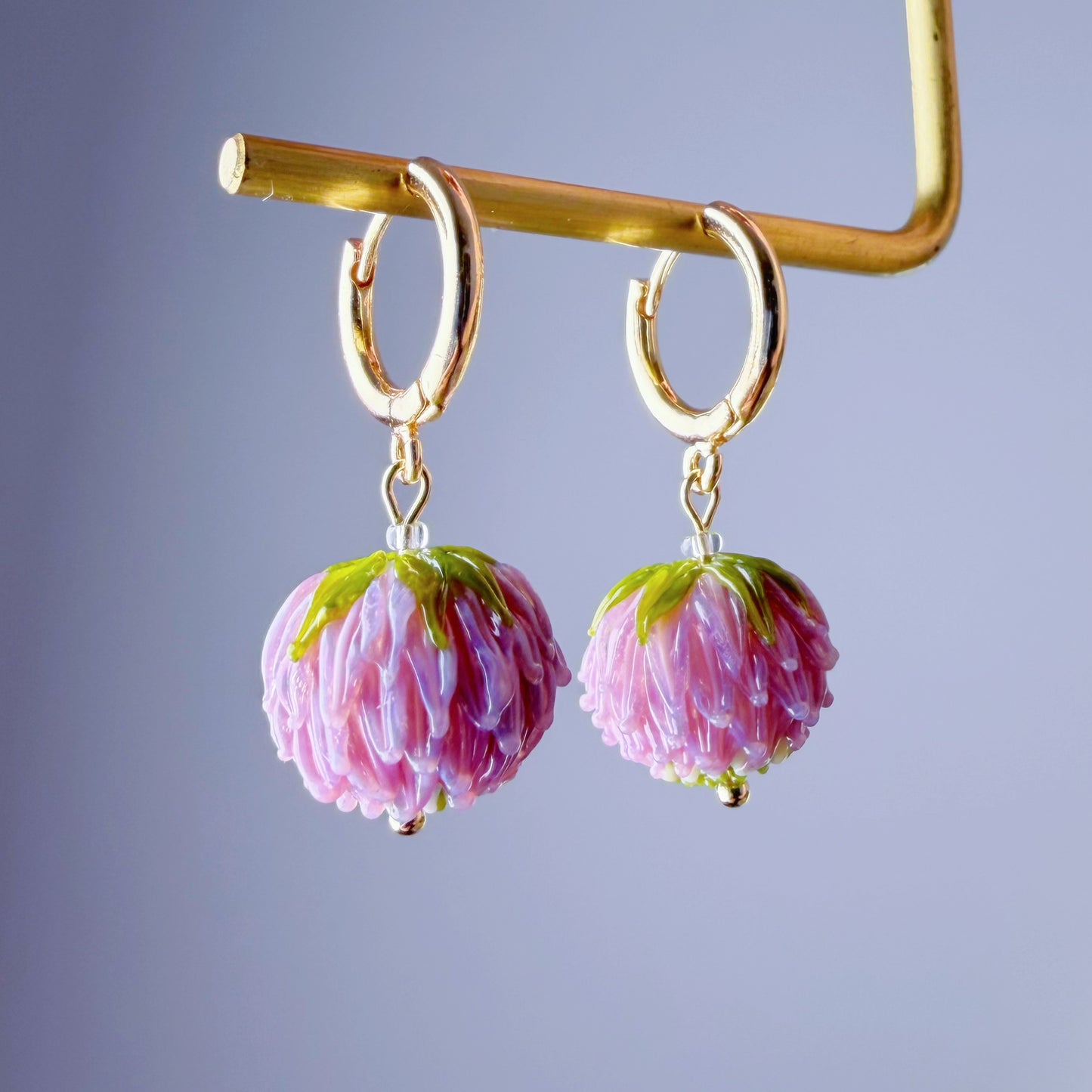 Handmade Lampwork Glass Red Clover Flowers Hoop Earrings