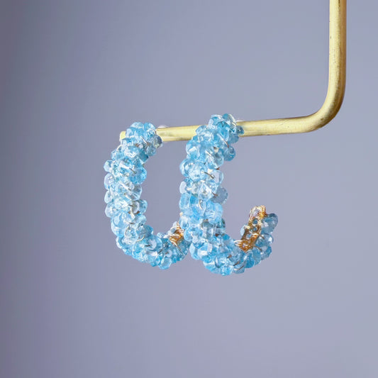 Handmade Blue Paraiba Apatite Cluster Crystal Faced Gemstone Half Hoop Earrings