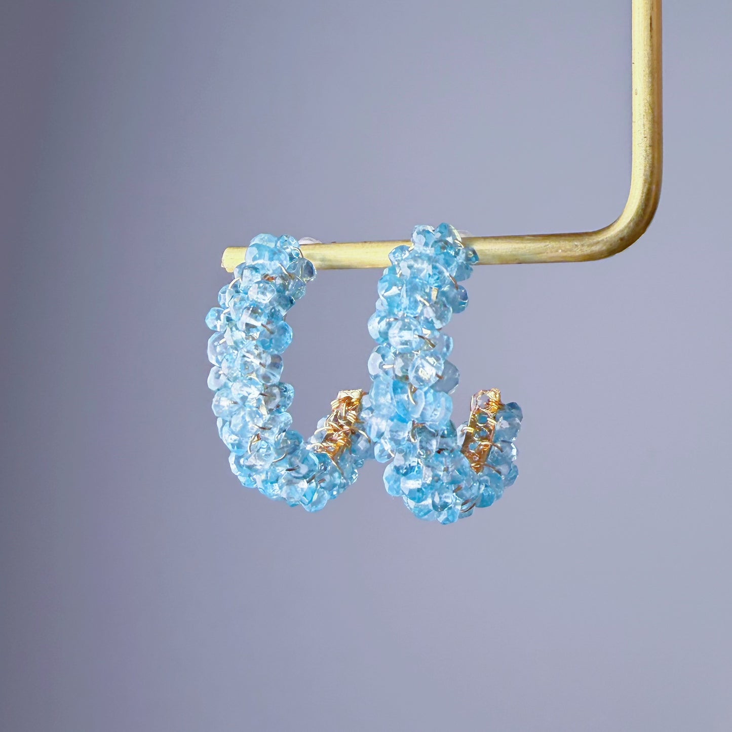 Handmade Blue Paraiba Apatite Cluster Crystal Faced Gemstone Half Hoop Earrings