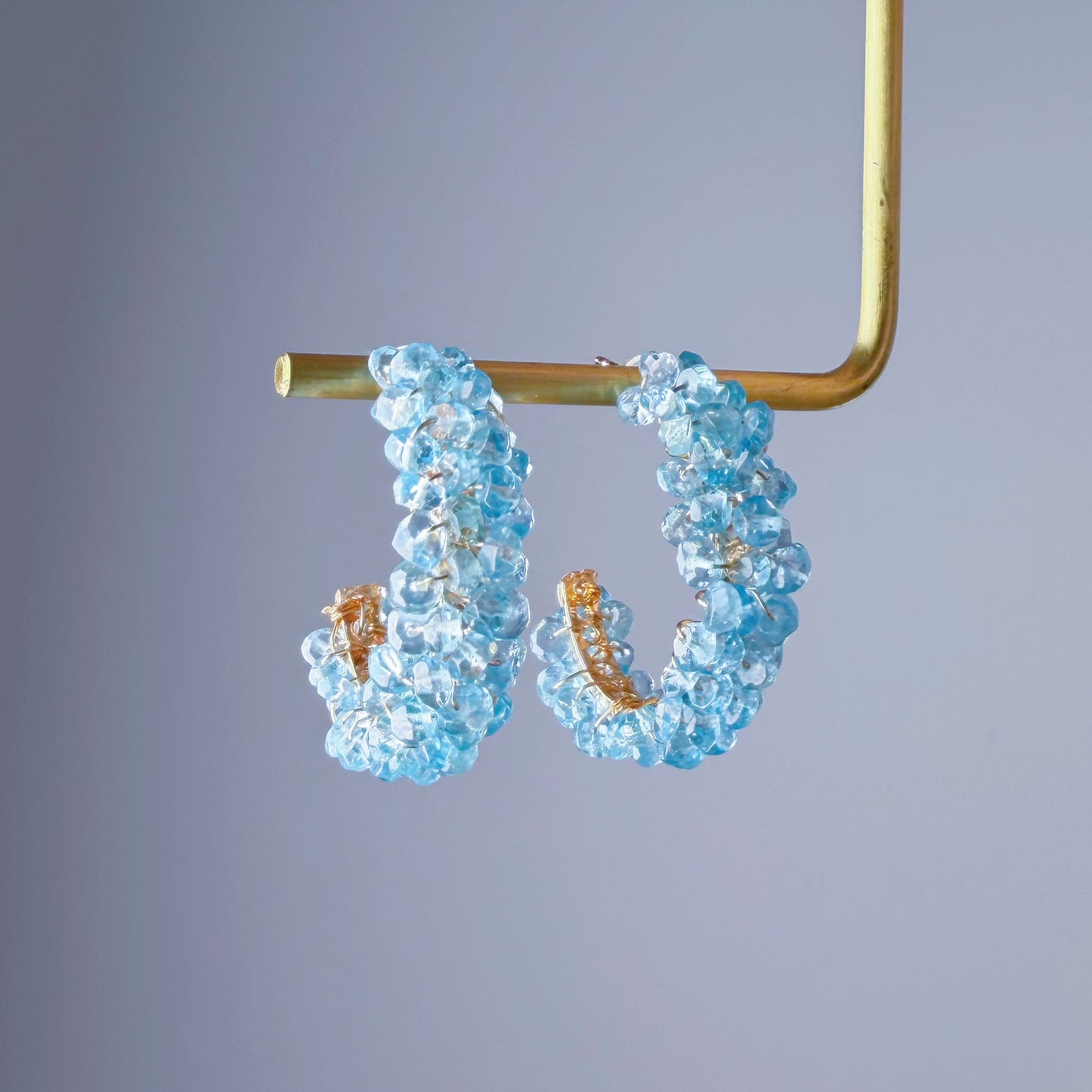 Handmade Blue Paraiba Apatite Cluster Crystal Faced Gemstone Half Hoop Earrings
