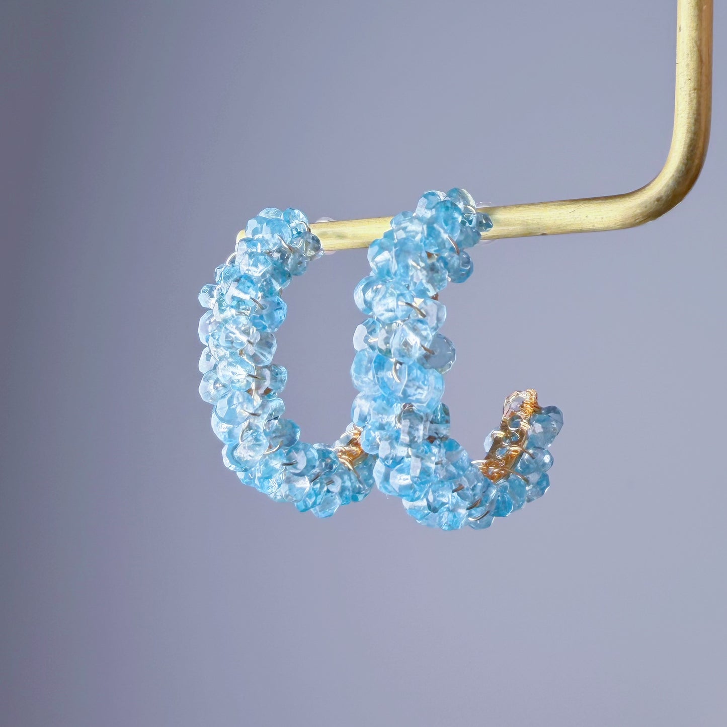 Handmade Blue Paraiba Apatite Cluster Crystal Faced Gemstone Half Hoop Earrings