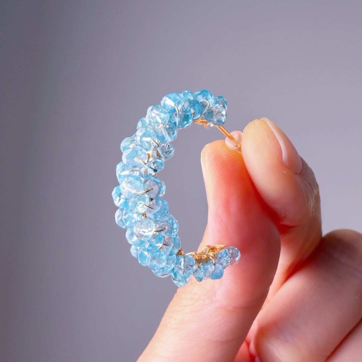 Handmade Blue Paraiba Apatite Cluster Crystal Faced Gemstone Half Hoop Earrings