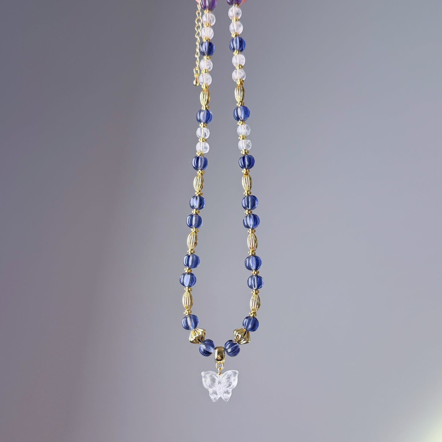 Handmade Tanzanite Colour Pumpkin and Clear Quartz Crystal Butterfly Beaded Pendant Necklace