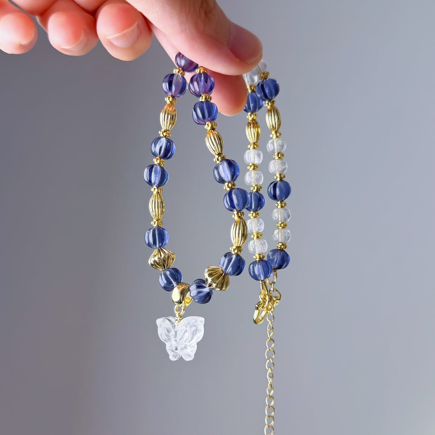 Handmade Tanzanite Colour Pumpkin and Clear Quartz Crystal Butterfly Beaded Pendant Necklace