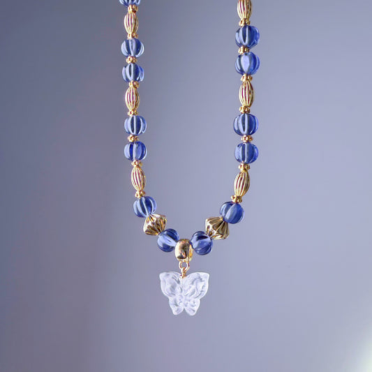 Handmade Tanzanite Colour Pumpkin and Clear Quartz Crystal Butterfly Beaded Pendant Necklace
