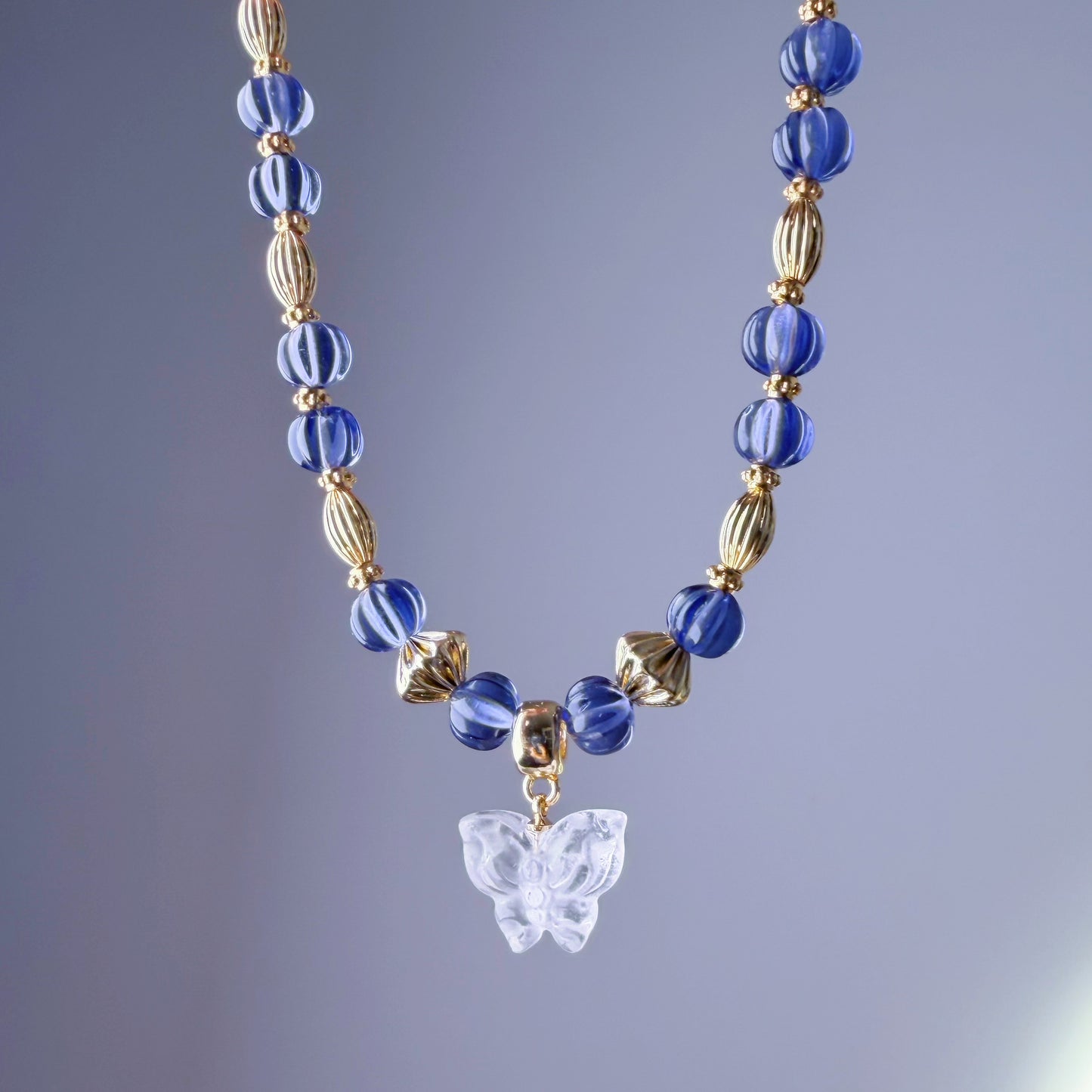 Handmade Tanzanite Colour Pumpkin and Clear Quartz Crystal Butterfly Beaded Pendant Necklace