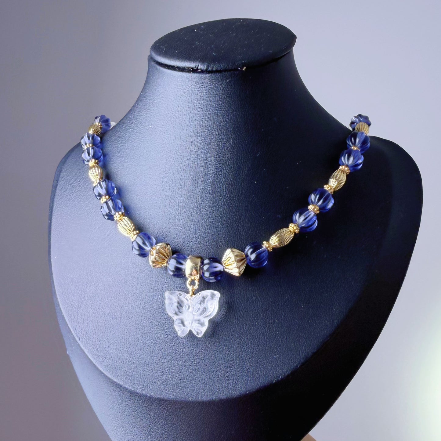 Handmade Tanzanite Colour Pumpkin and Clear Quartz Crystal Butterfly Beaded Pendant Necklace