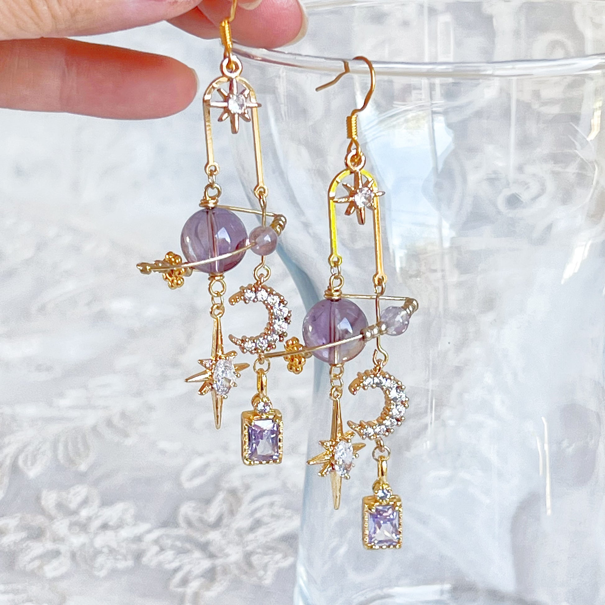 Amethyst Planet Moon and Pole Star Earrings-Ninaouity