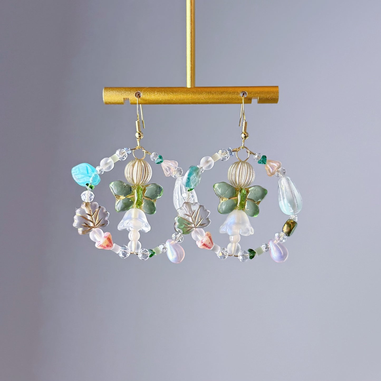Handmade Mint Green Butterfly Glass Beads Hoop Earrings