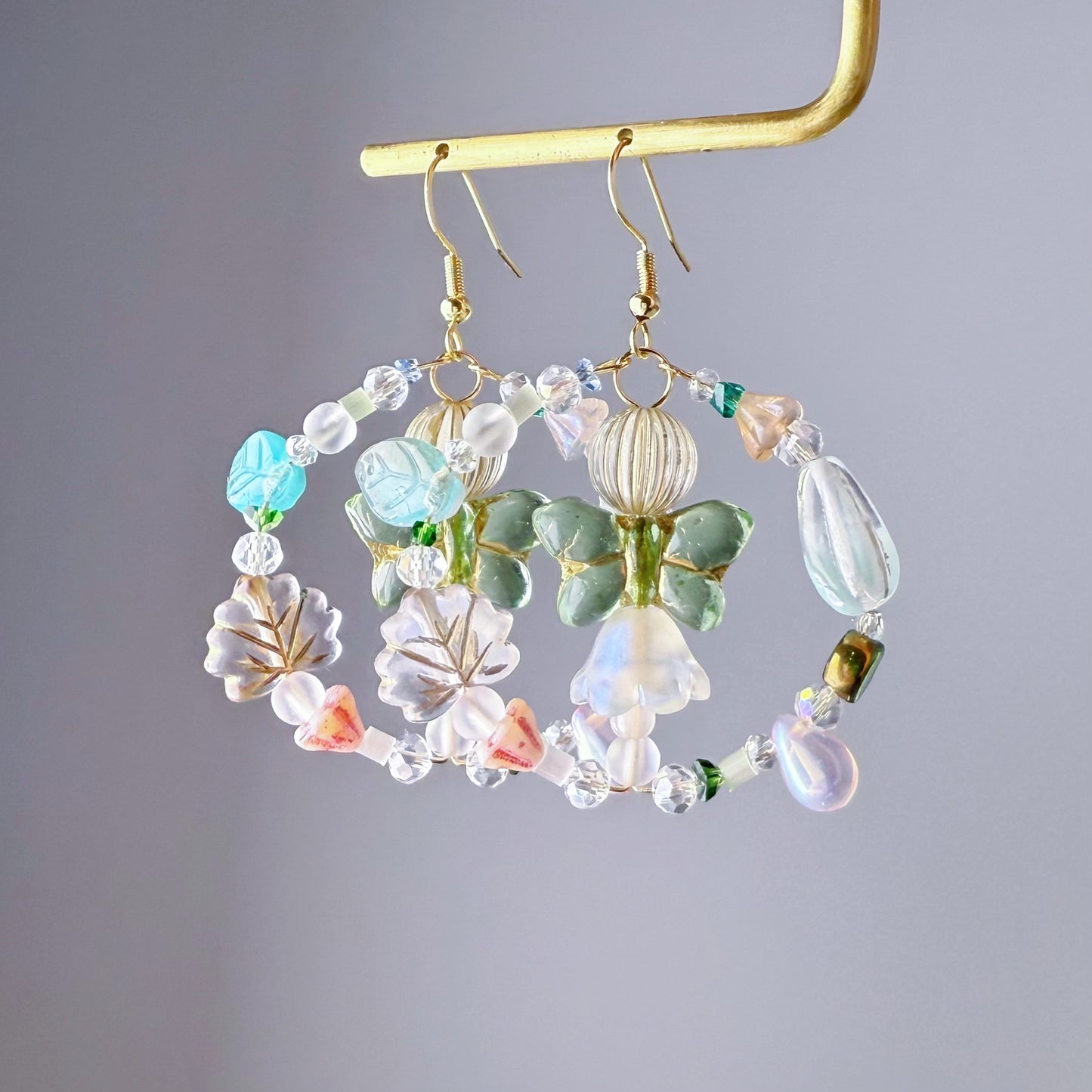Handmade Mint Green Butterfly Glass Beads Hoop Earrings
