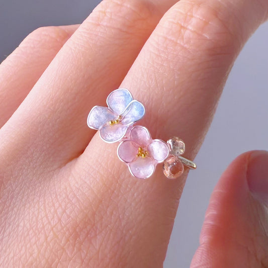 Handmade Little Purple Blue Changing Colour Hydrangeas Flowers Ring