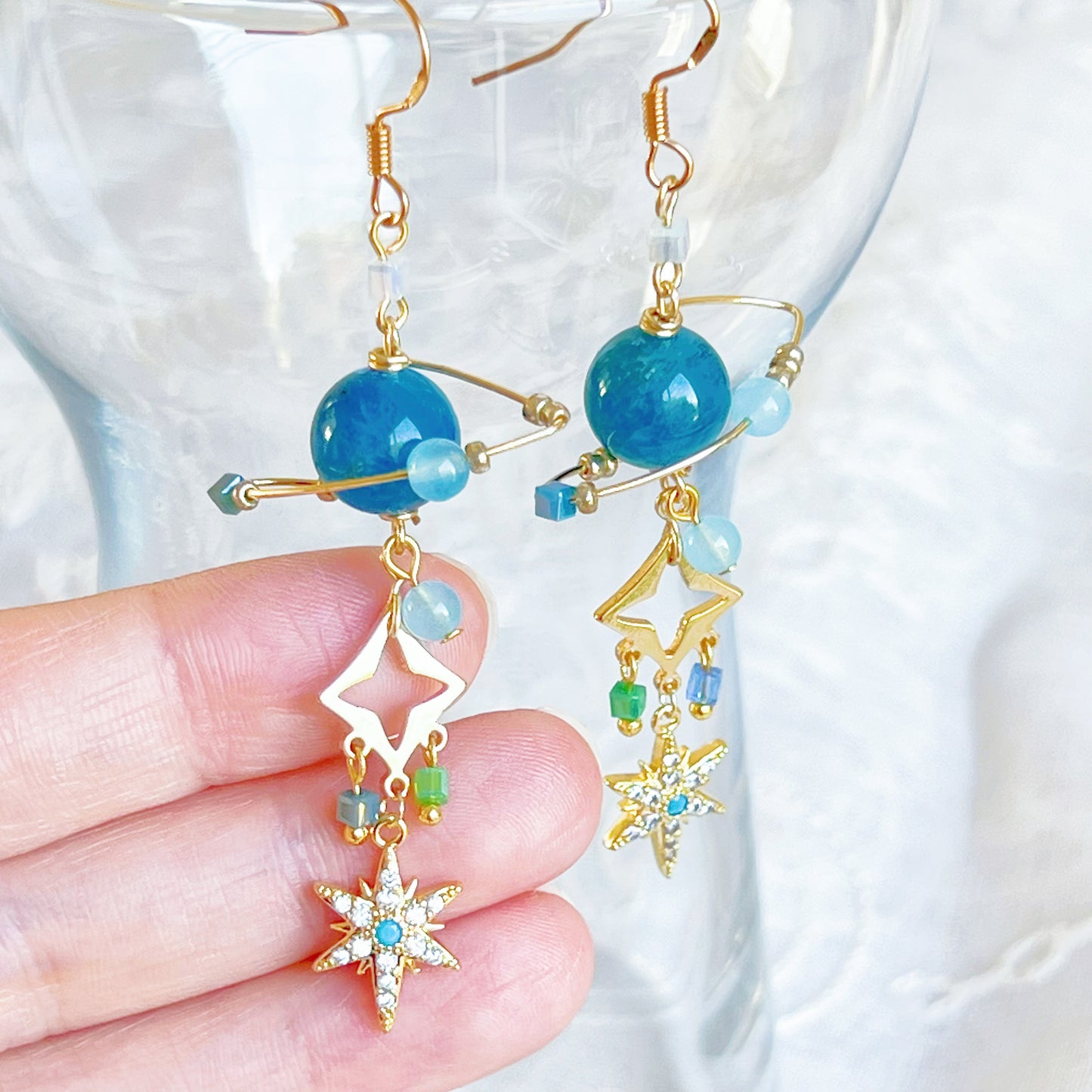 Blue Apatite Planet and Pole Star Earrings-Ninaouity