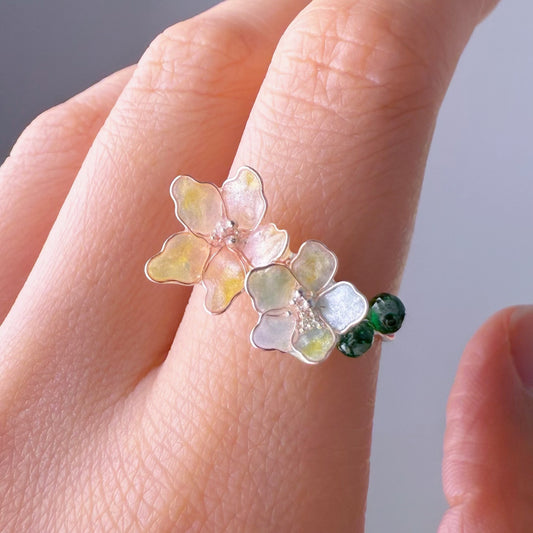 Handmade Little White Green Pink Changing Colour Hydrangeas Flowers Ring