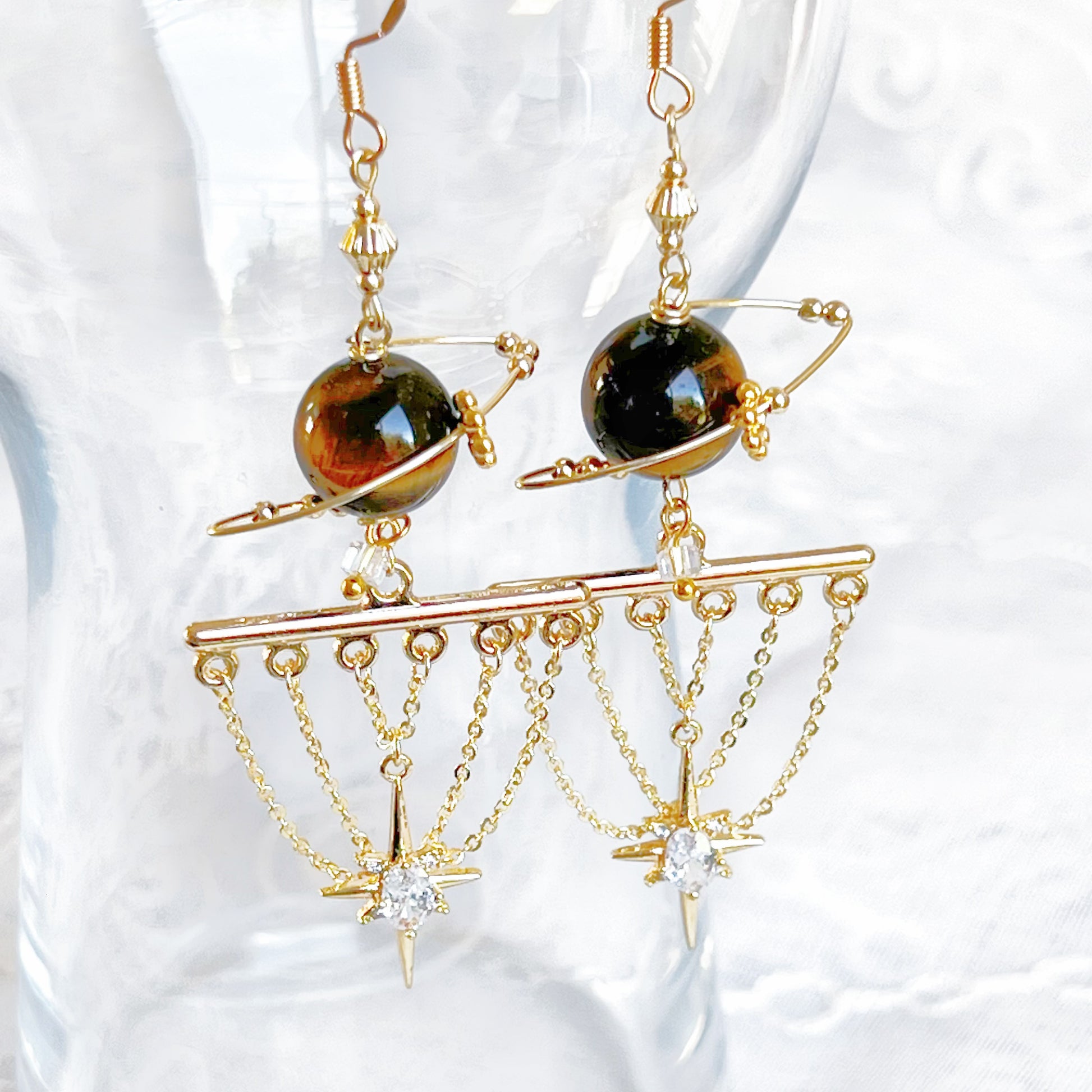 Tiger's Eye Planet and Pole Star Earrings-Ninaouity