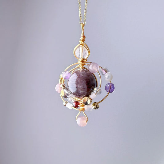 Quartzberry - Natural Dark Purple Phantom Quartz Solar System Shape Wire Wrapped Necklace - One-of-a-kind