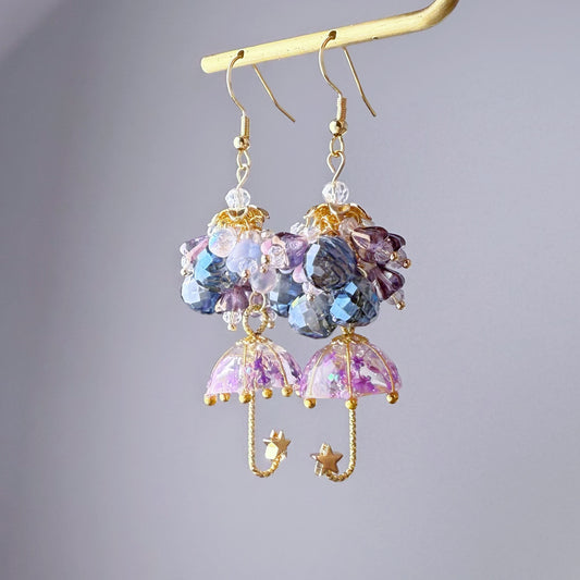 Handmade Purple and Blue Pressed Flowers Umbrella Bloom Drop Earrings