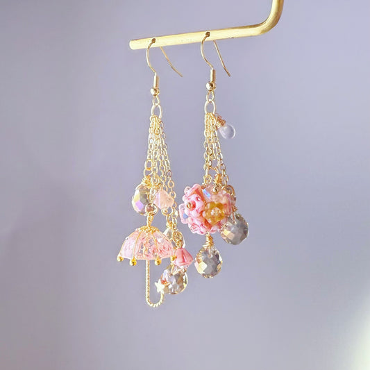 Handmade Pink Pressed Flowers Umbrella and Hydrangeas Mismatch Earrings