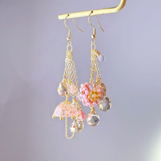 Handmade Pink Pressed Flowers Umbrella and Hydrangeas Mismatch Earrings