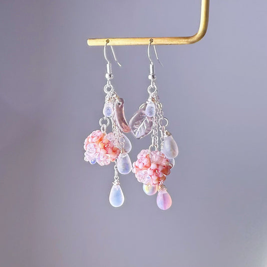Handmade Pink Hydrangeas Flowers in Summer Rain Earrings
