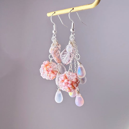 Handmade Pink Hydrangeas Flowers in Summer Rain Earrings