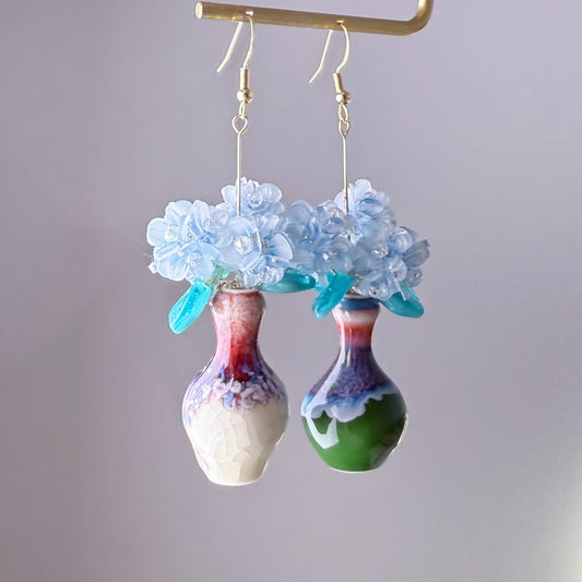 Handmade Blue Hydrangeas Flowers in Ceramic Vase Earrings