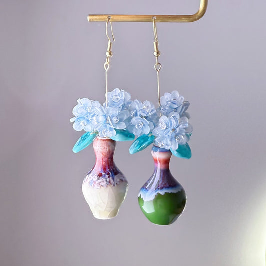 Handmade Blue Hydrangeas Flowers in Ceramic Vase Earrings