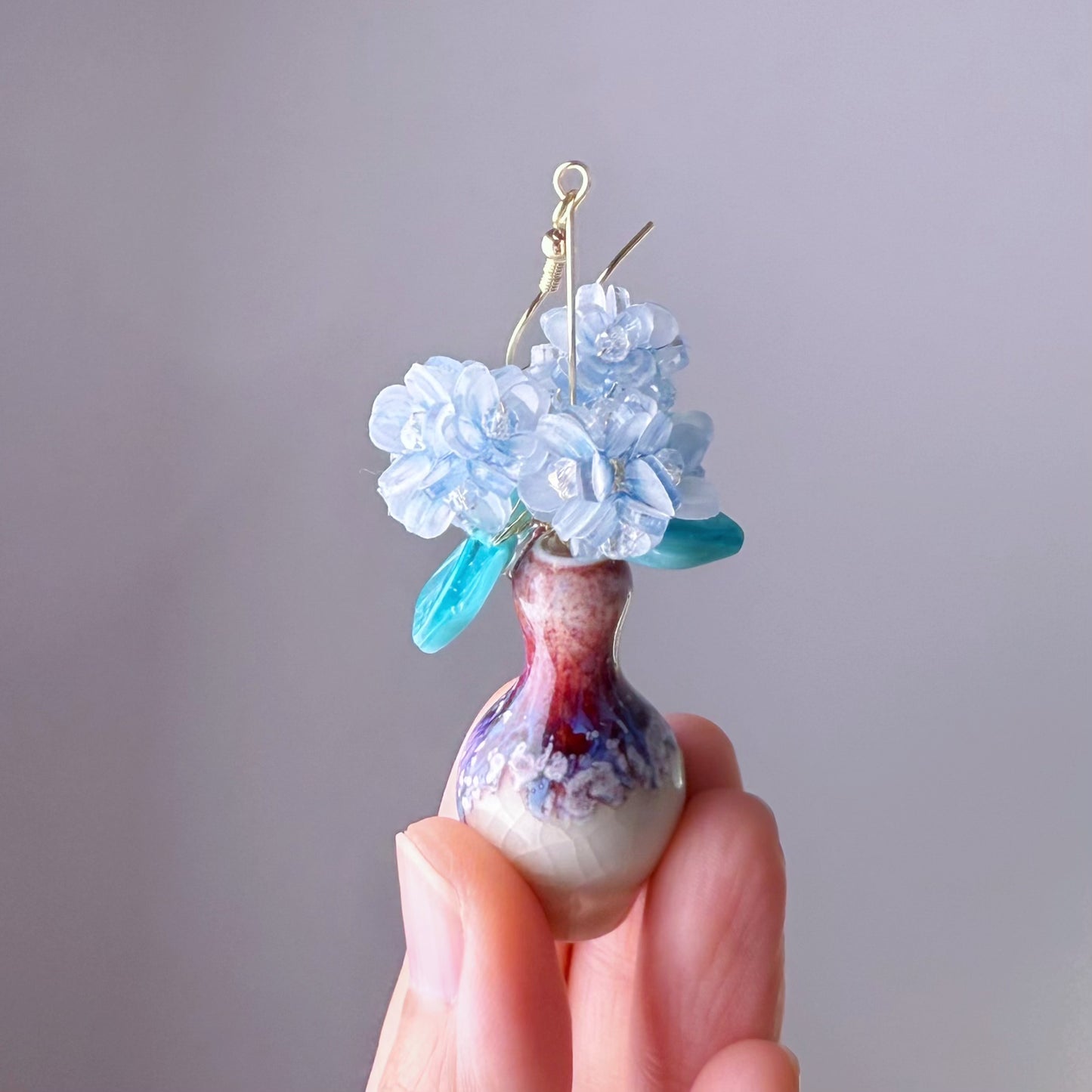 Handmade Blue Hydrangeas Flowers in Ceramic Vase Earrings