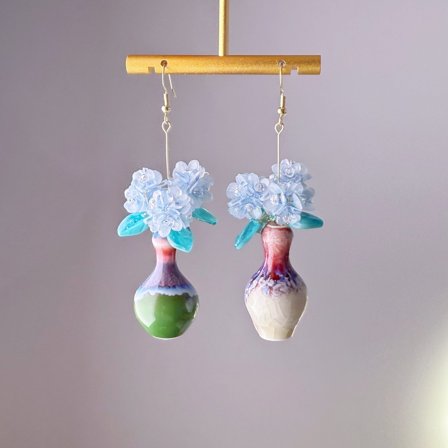 Handmade Blue Hydrangeas Flowers in Ceramic Vase Earrings