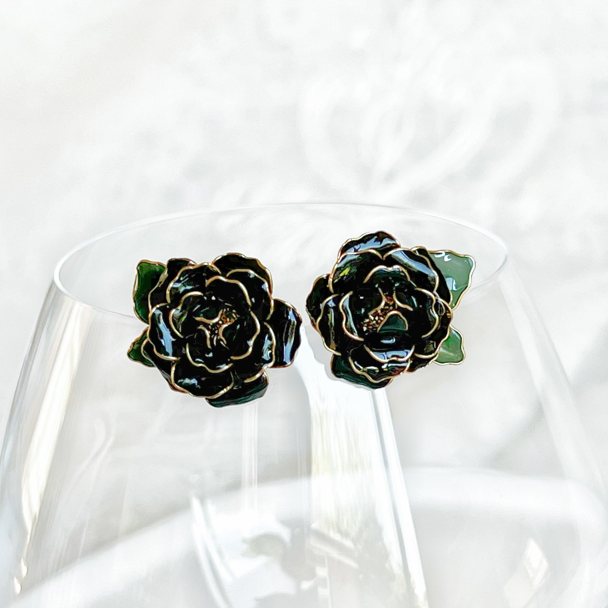Handmade Rose Black Baccara Flower Earrings-Ninaouity