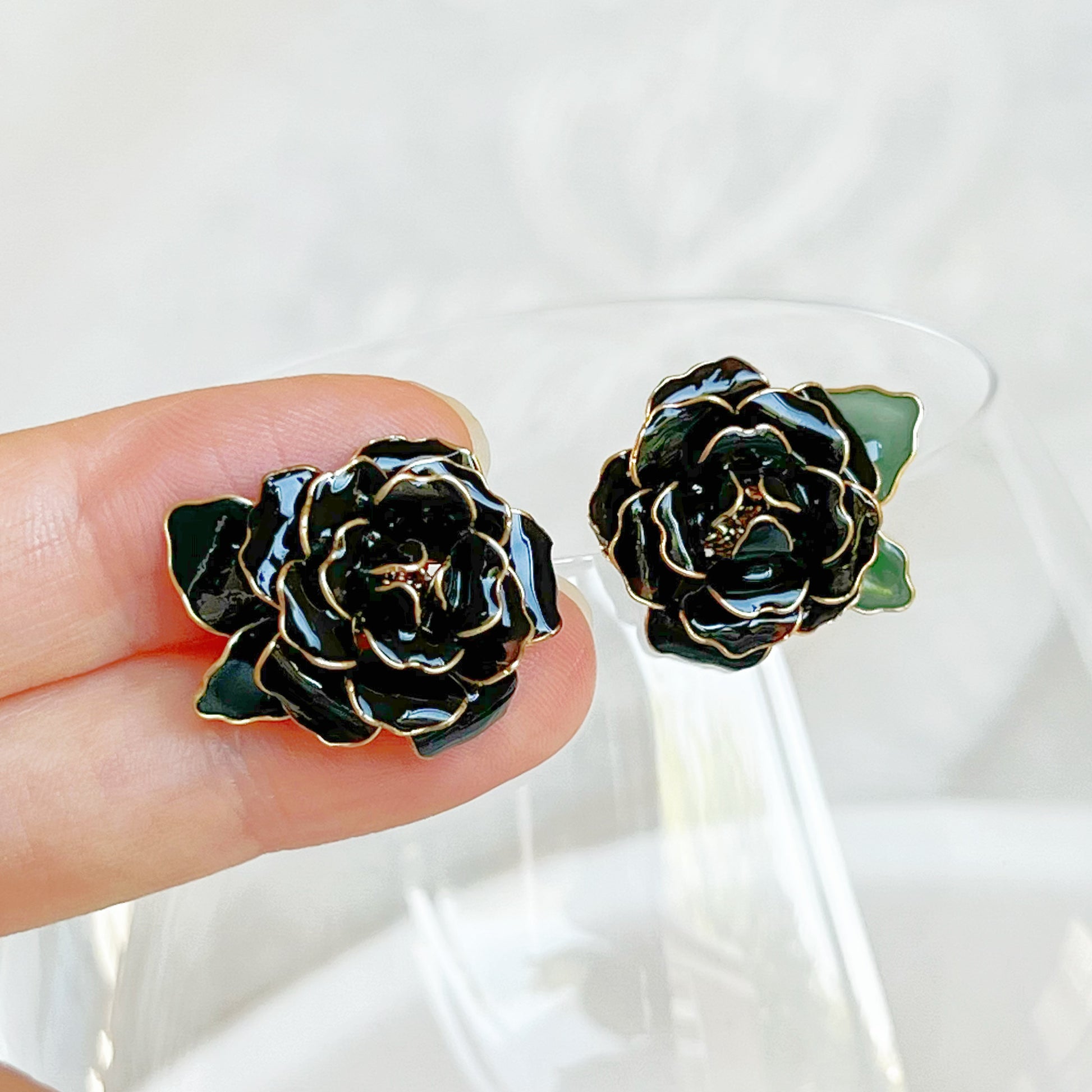 Handmade Rose Black Baccara Flower Earrings-Ninaouity