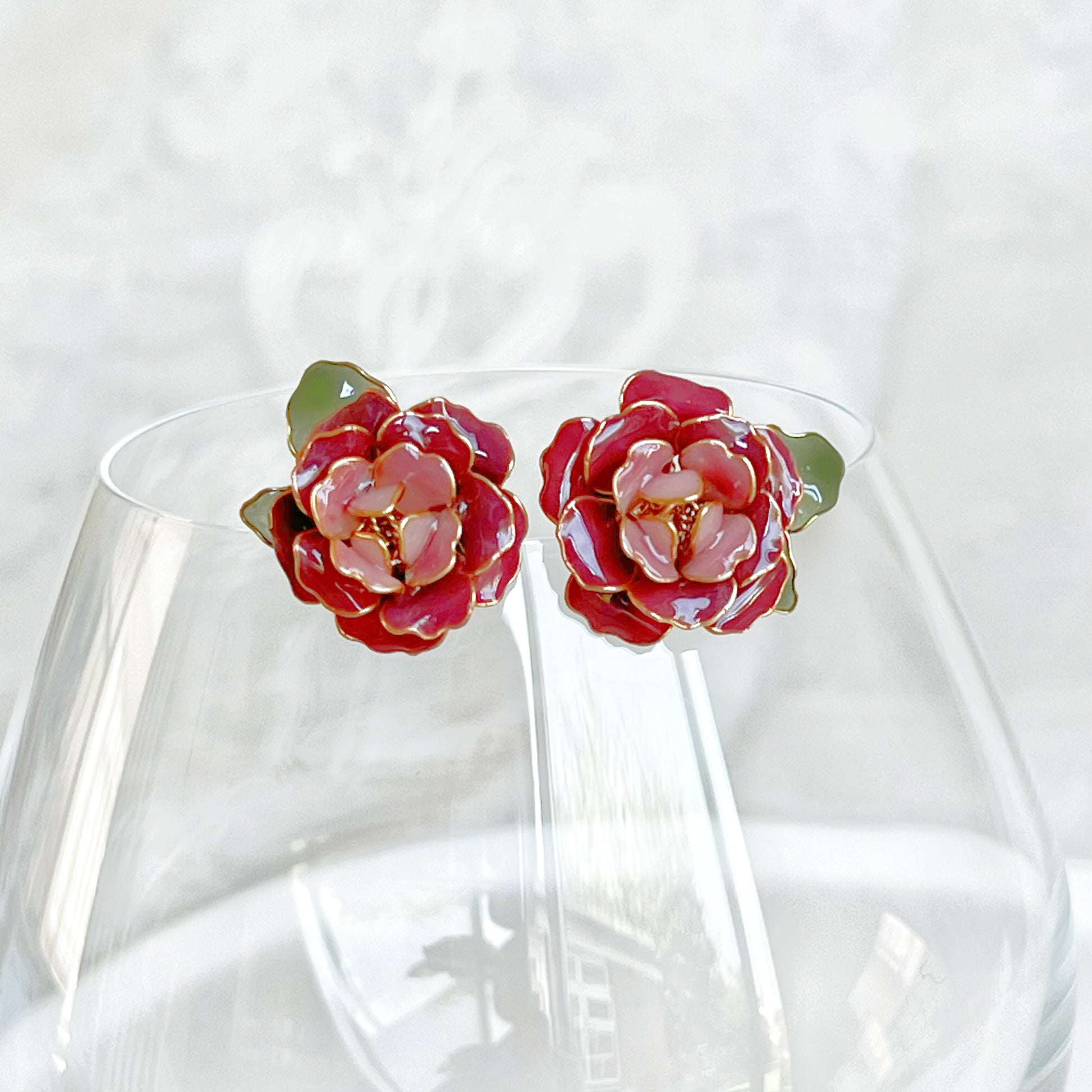 Handmade Dark Pink Sunrise Rose Flower Earrings-Ninaouity