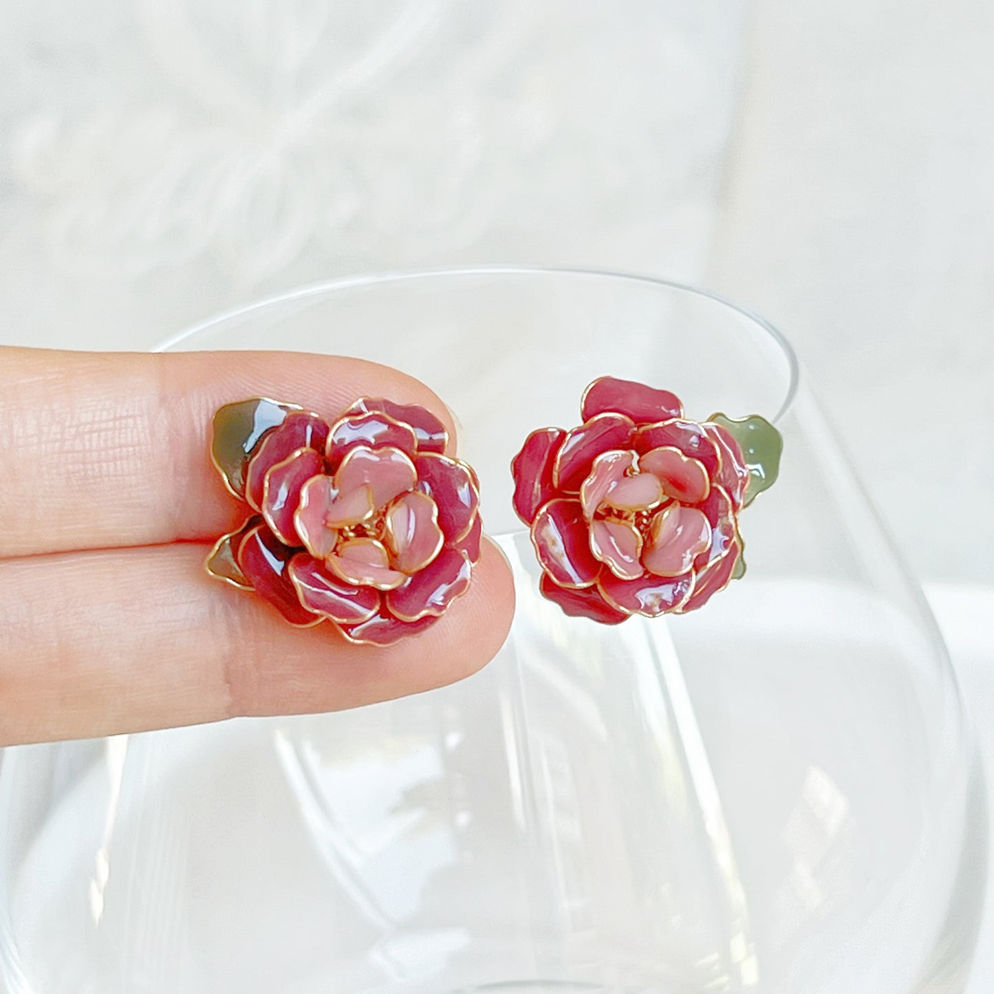 Handmade Dark Pink Sunrise Rose Flower Earrings-Ninaouity