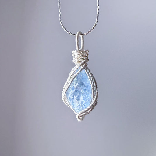 Quartzberry - Natural Blue Aquamarine Crystal Drop Shape Wire Wrapped Necklace - One-of-a-kind