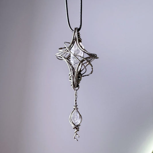 Quartzberry - Natural Herkimer Diamond Crystal Polaris Shape Wire Wrapped Necklace - One-of-a-kind
