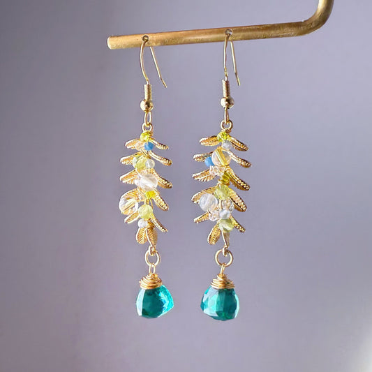 Handmade Golden Leaves with Emerald Green Quartz Crystal Earrings