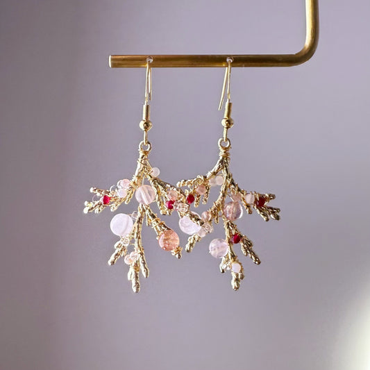 Handmade Golden Pine Branch with Mini Natural Crystal Beads Earrings