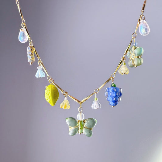Handmade Summer Garden Flowers and Berries Czech Glass Beads Chain Necklace