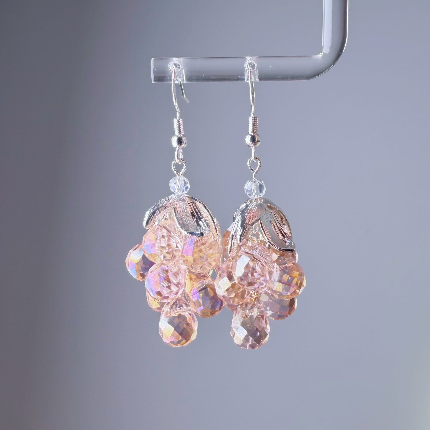 Handmade Pink Grapes with Silver Leaves Earrings