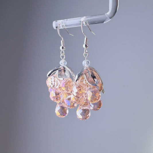 Handmade Pink Grapes with Silver Leaves Earrings