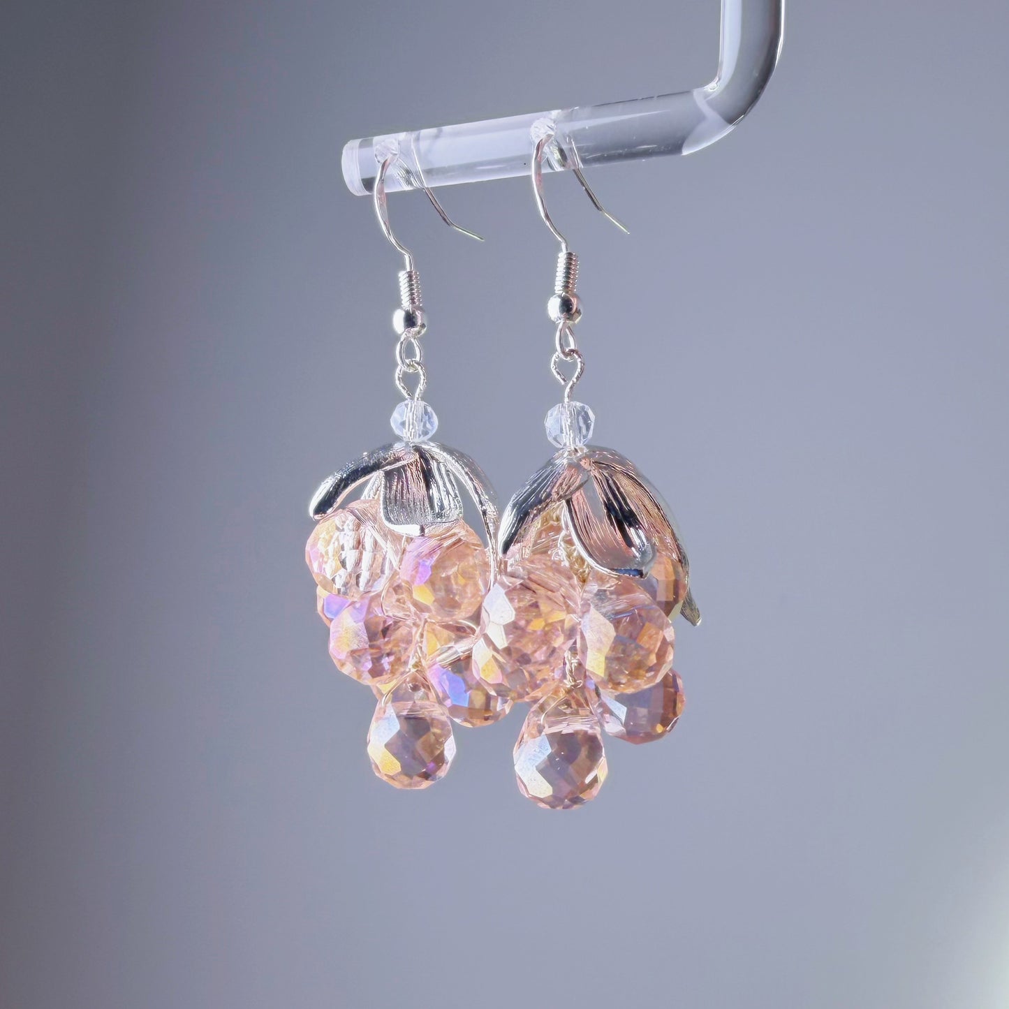 Handmade Pink Grapes with Silver Leaves Earrings