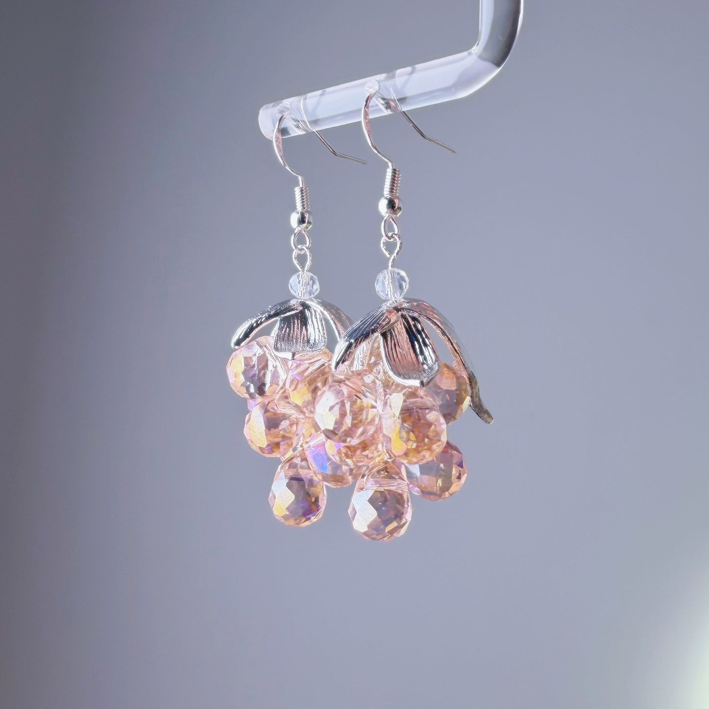 Handmade Pink Grapes with Silver Leaves Earrings