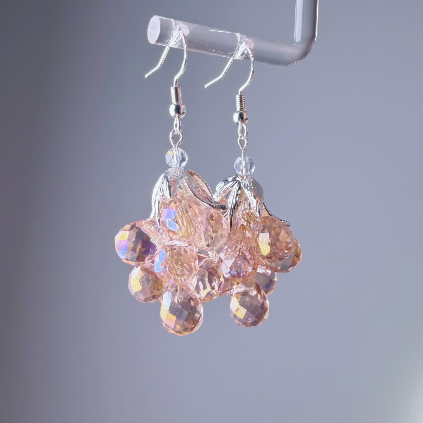 Handmade Pink Grapes with Silver Leaves Earrings