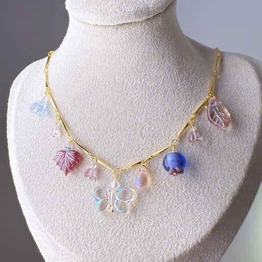 Handmade Summer Garden Flowers and Berries Purple Czech Glass Beads Chain Necklace