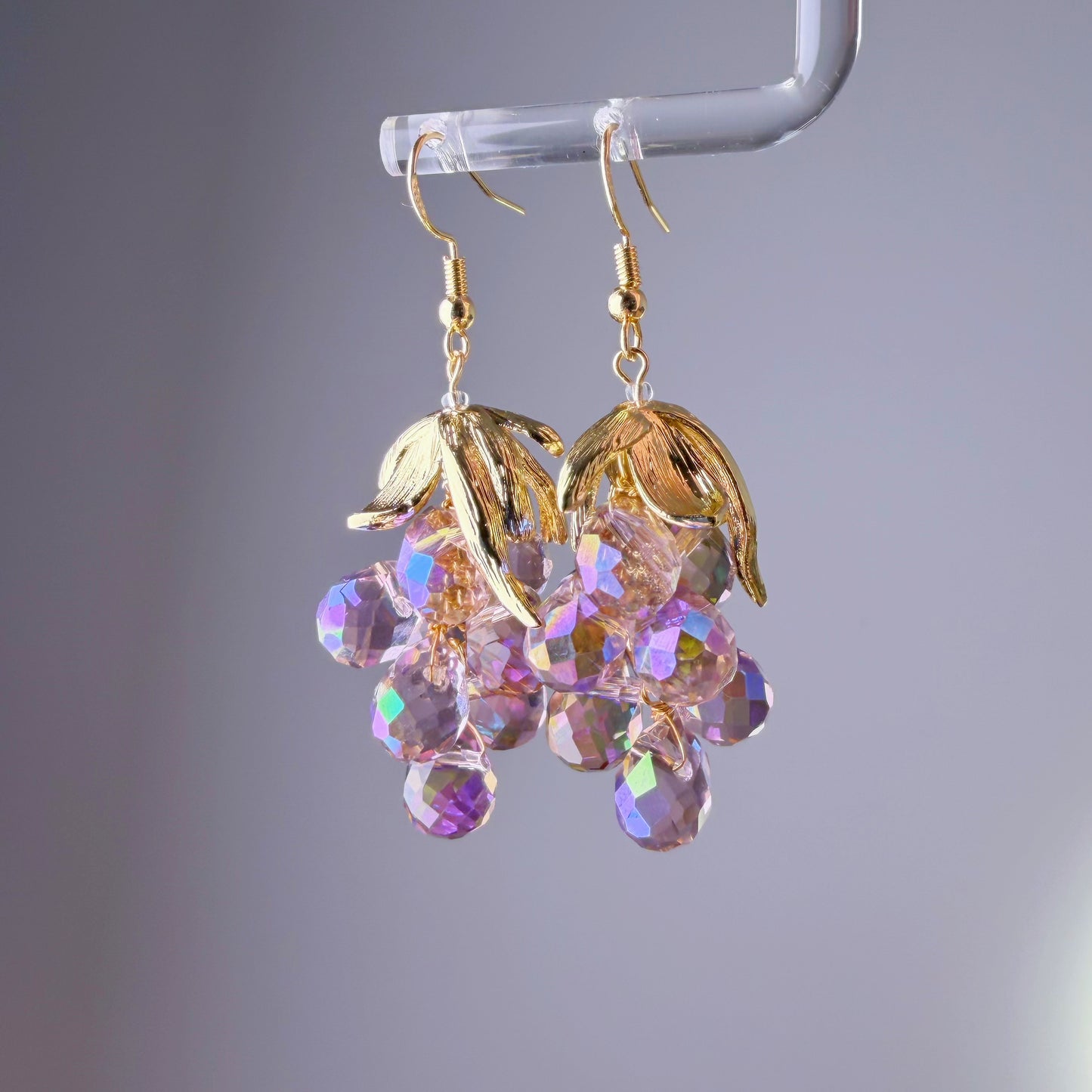 Handmade Purple Grapes with Golden Leaves Earrings
