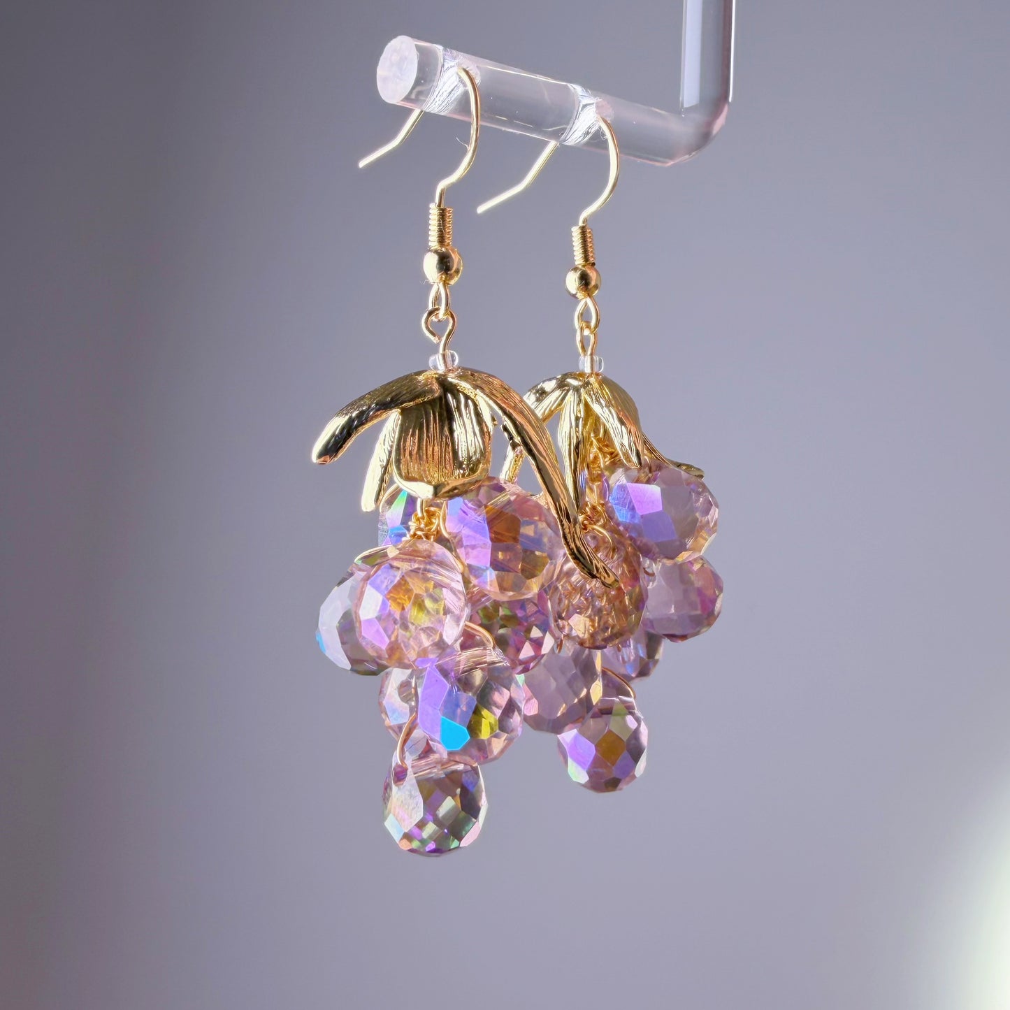 Handmade Purple Grapes with Golden Leaves Earrings