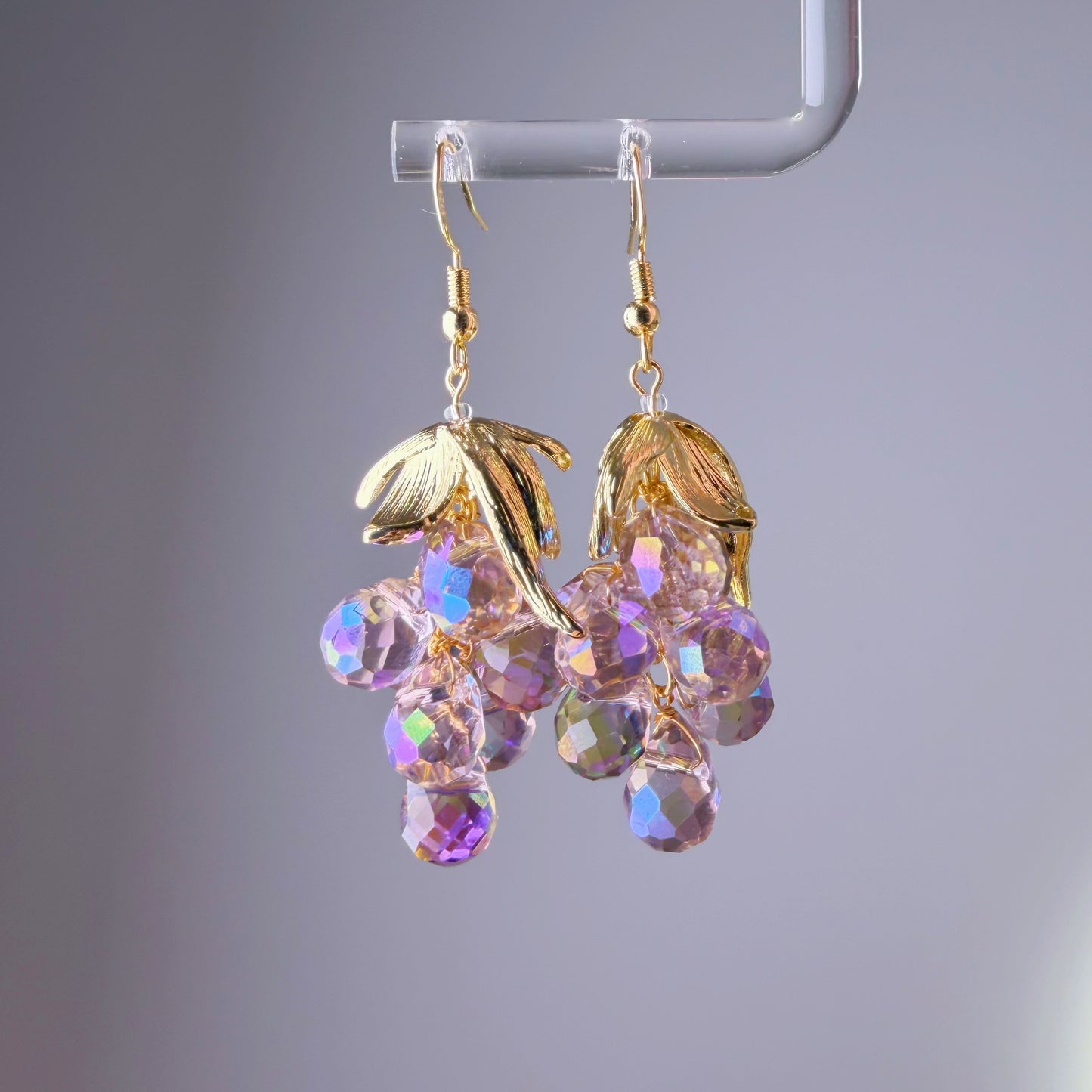 Handmade Purple Grapes with Golden Leaves Earrings