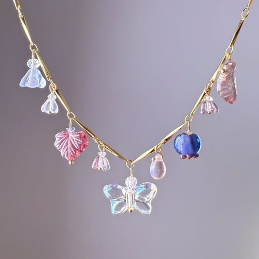 Handmade Summer Garden Flowers and Berries Purple Czech Glass Beads Chain Necklace