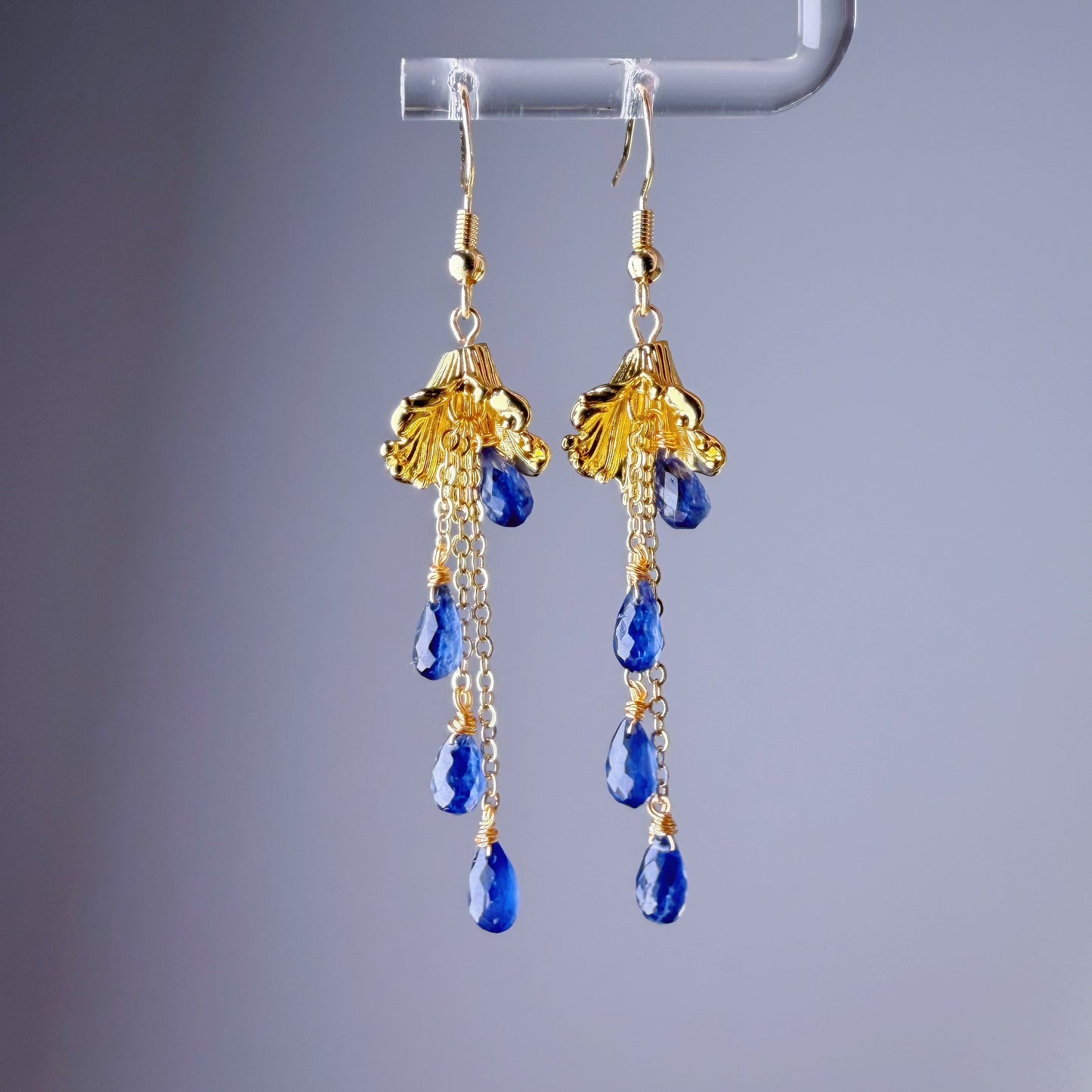 Handmade Bluebells Flower Royal Blue Kyanite Faceted Gemstone Teardrop Earrings