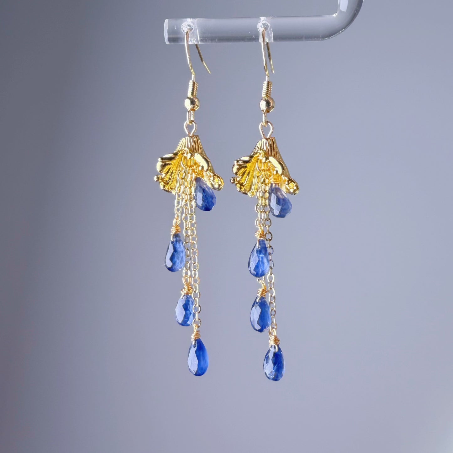 Handmade Bluebells Flower Royal Blue Kyanite Faceted Gemstone Teardrop Earrings