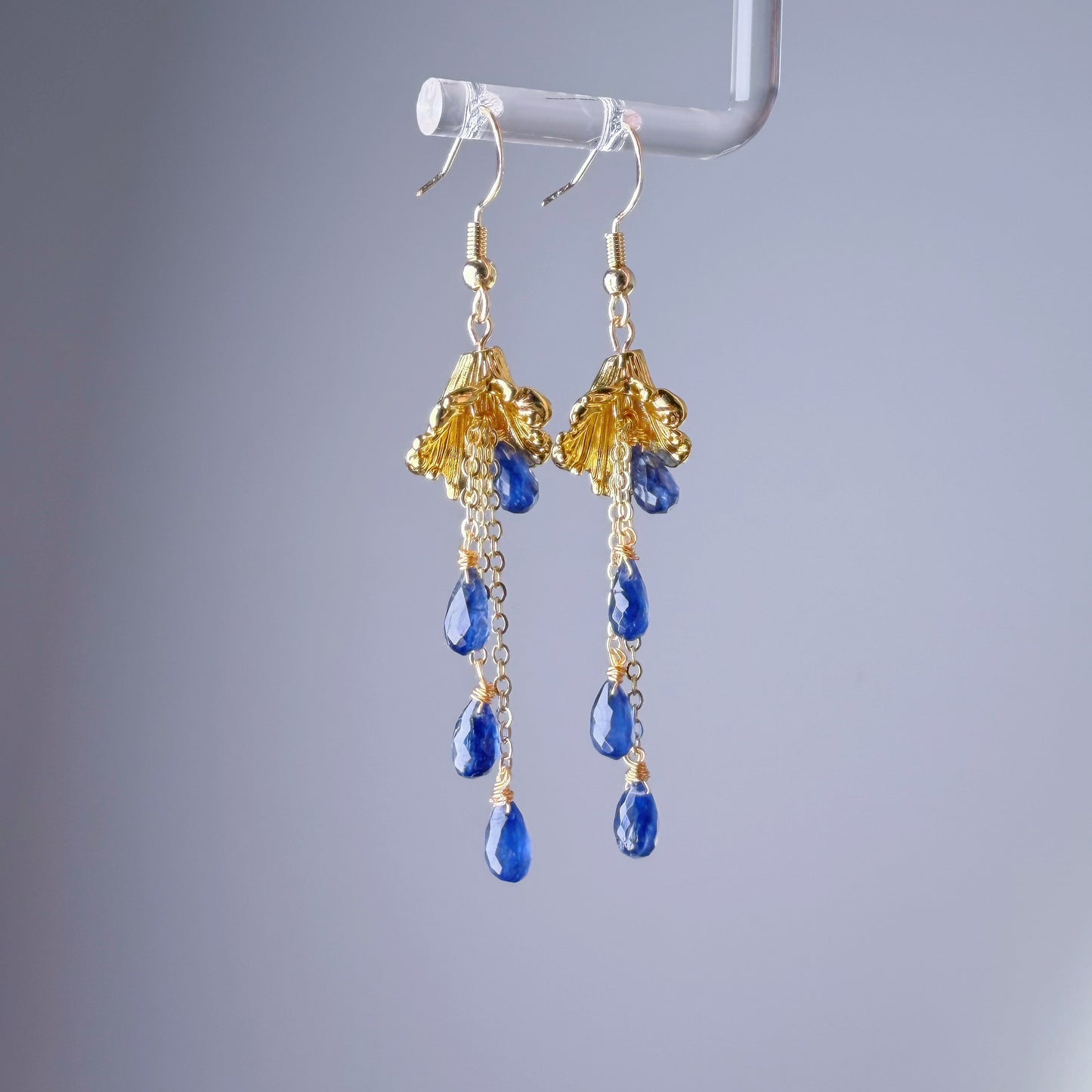 Handmade Bluebells Flower Royal Blue Kyanite Faceted Gemstone Teardrop Earrings